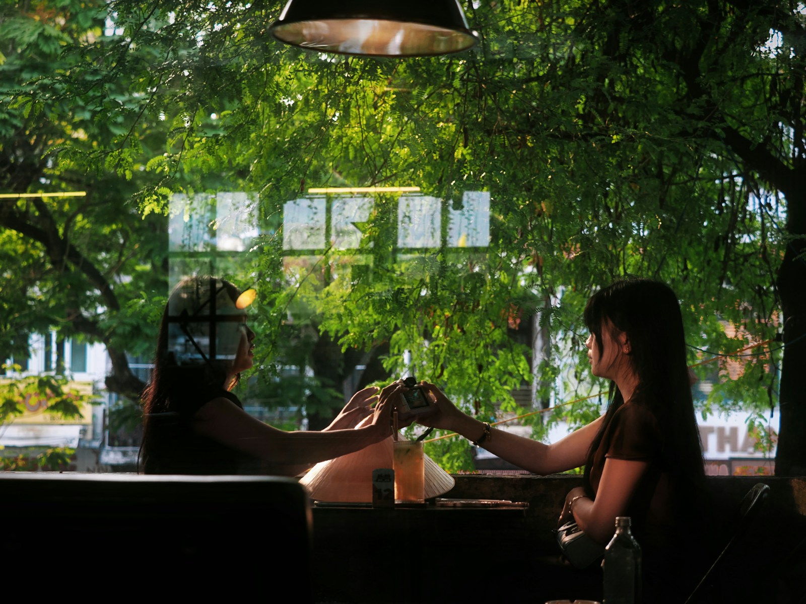 Two people clinking glasses at an outdoor table under leafy trees.