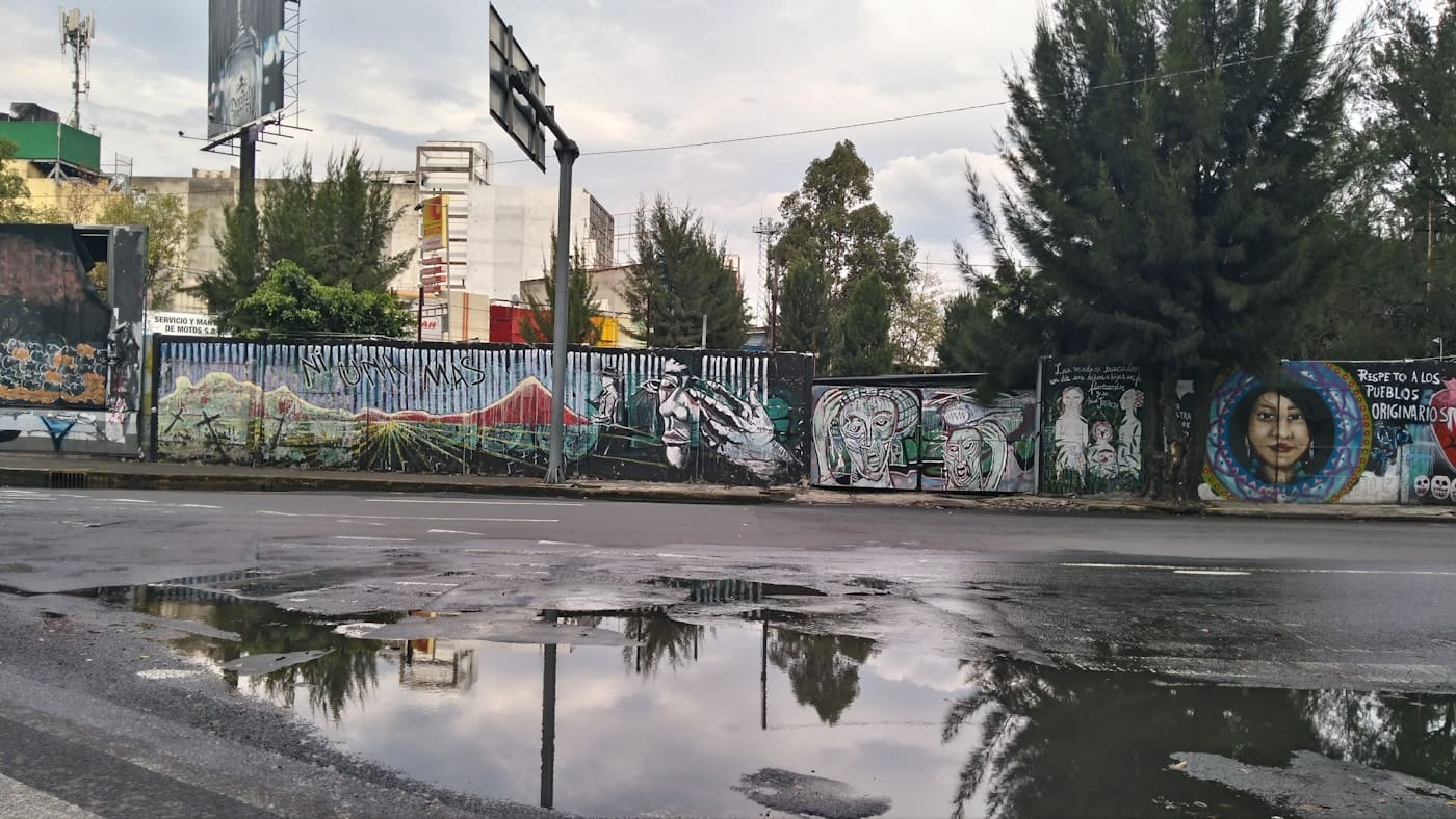 A wet street with graffiti and street art in Mexico City.