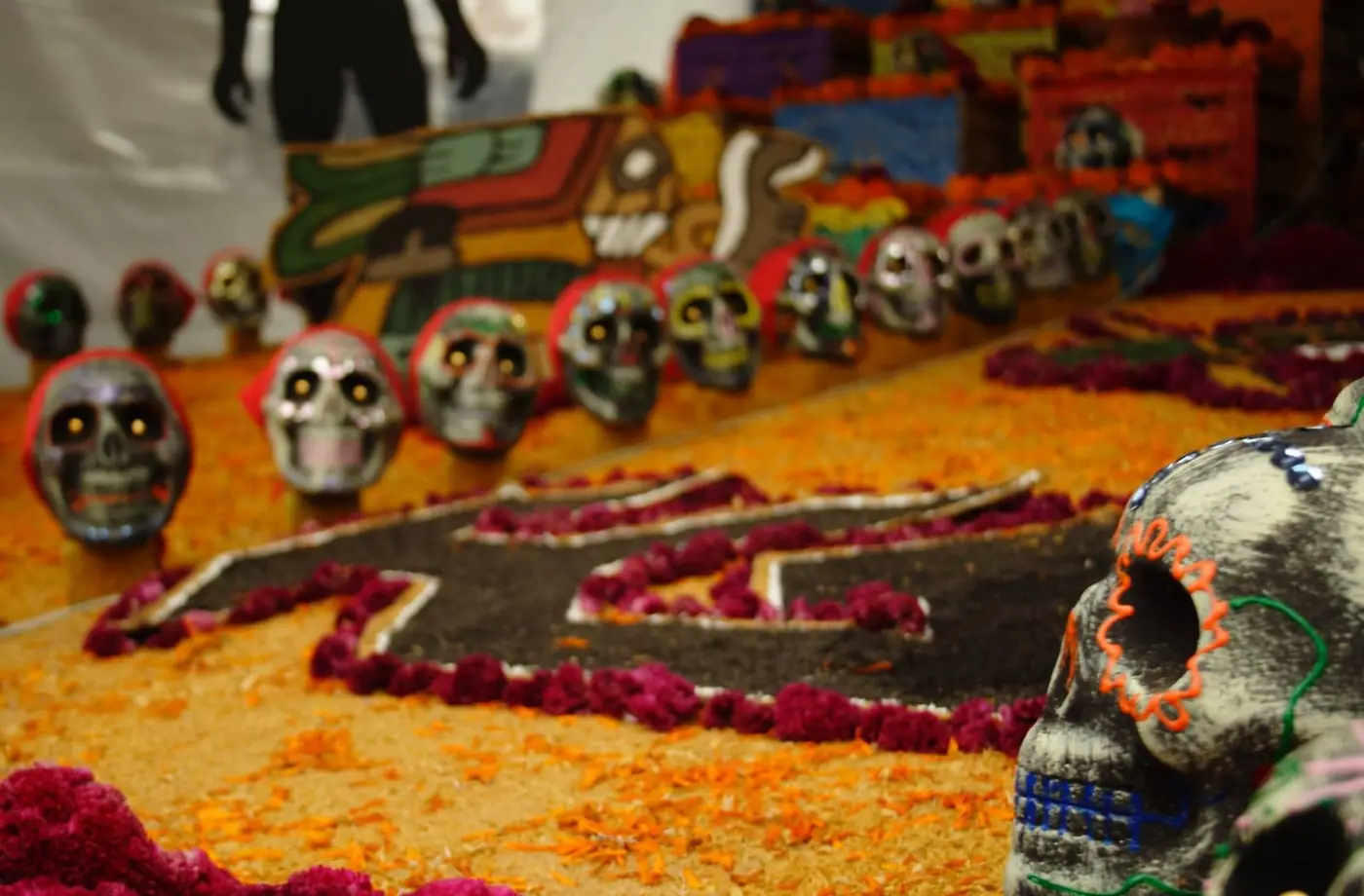 An ofrenda with sugar skulls and a path of marigold petals laid in front of it