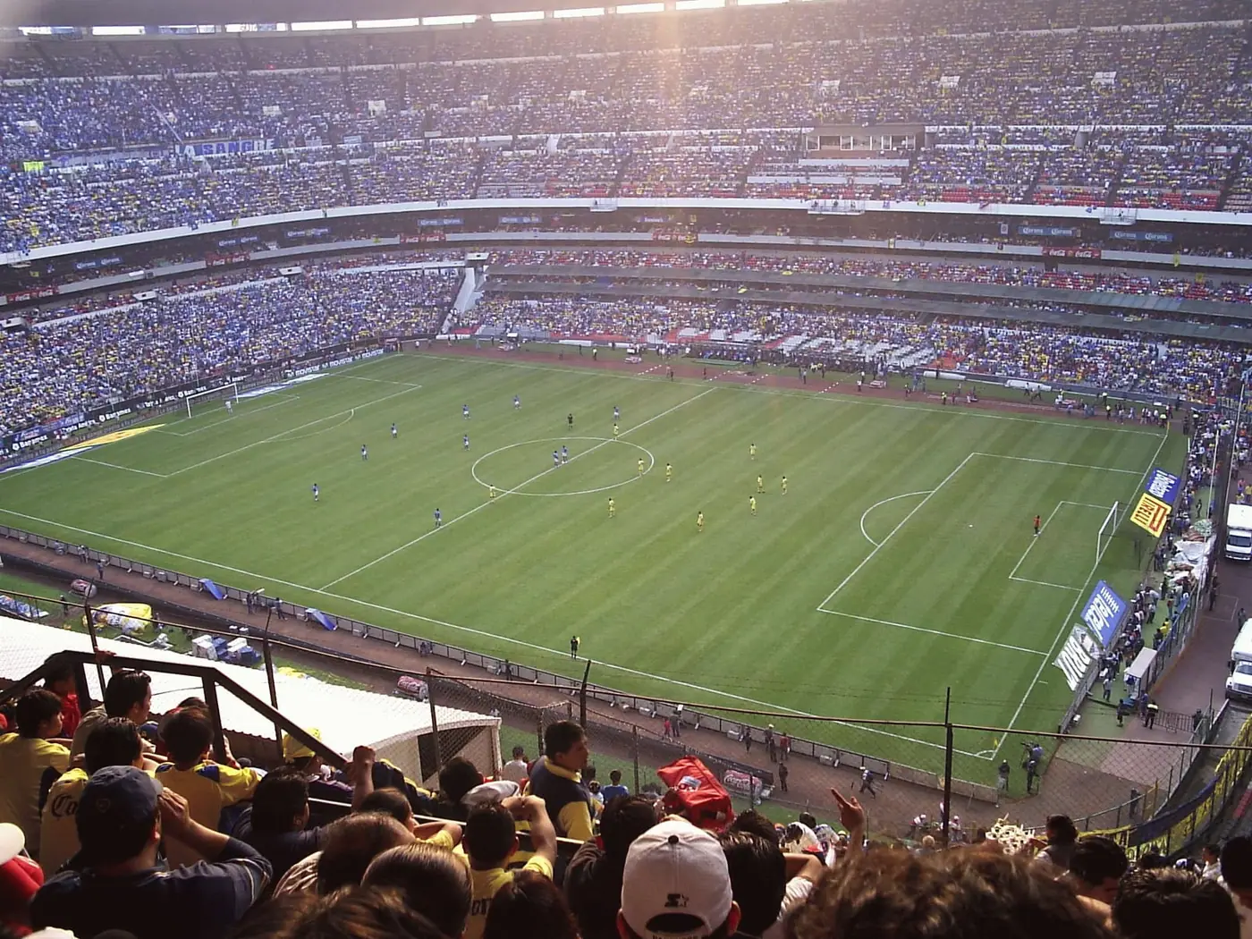A match in progress at Estadio Azteca seen from the upper stands