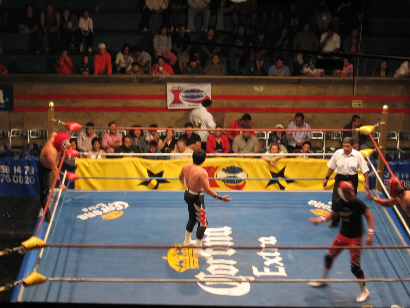 Spectators packed into the stands behind a lucha libre ring
