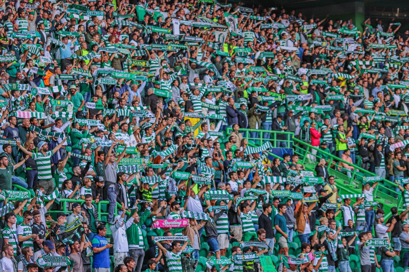 Soccer fans smiling in a crowded viewing area.
