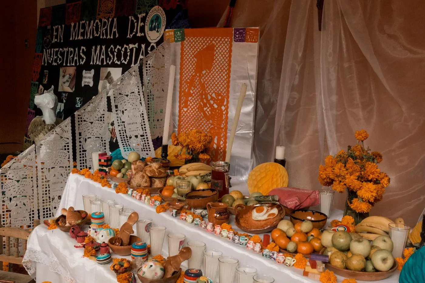 A tiered ofrenda dedicated to pets, with pan de muerto, fruit, marigolds, candles, and cut-paper papel picado.