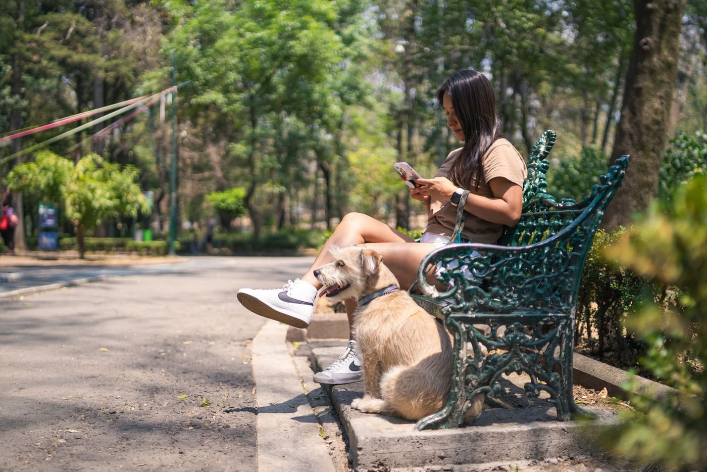 A woman sitting on a park bench in Mexico City with her dog.