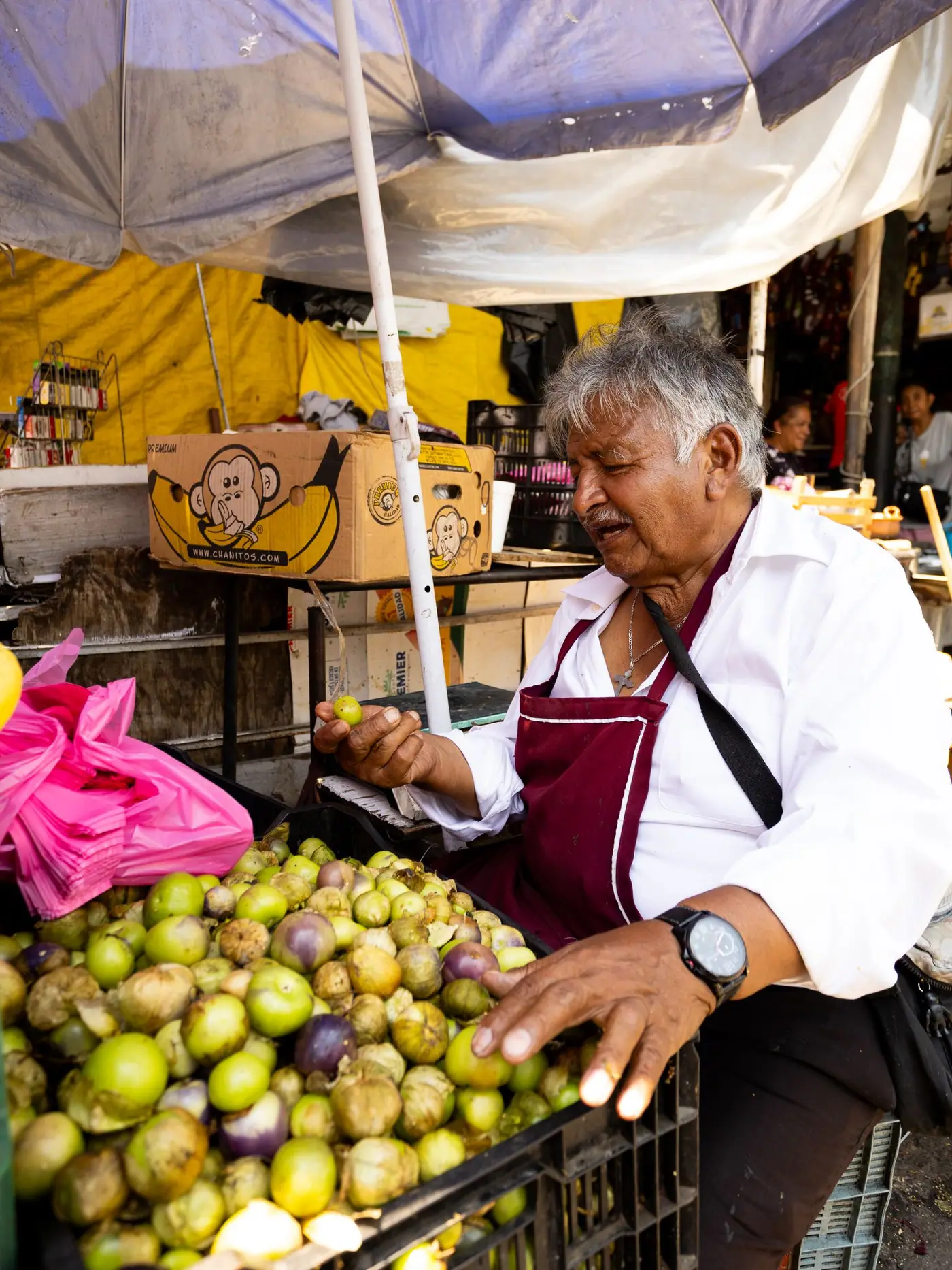 A vendor sorting tomatillos at a market stall in Mexico City.
