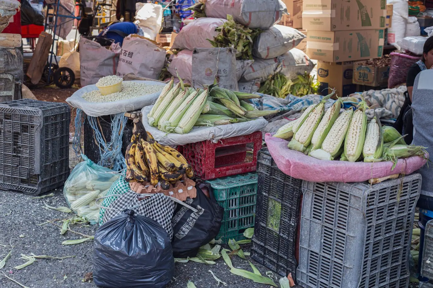 Corn and bananas laid out on crates at a street market in Mexico City.
