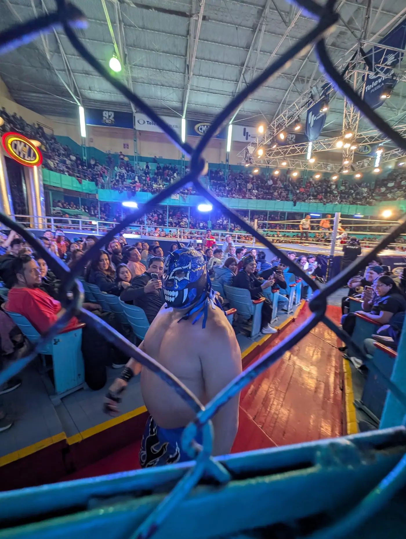 A masked luchador at the ring apron during a match in Arena Puebla