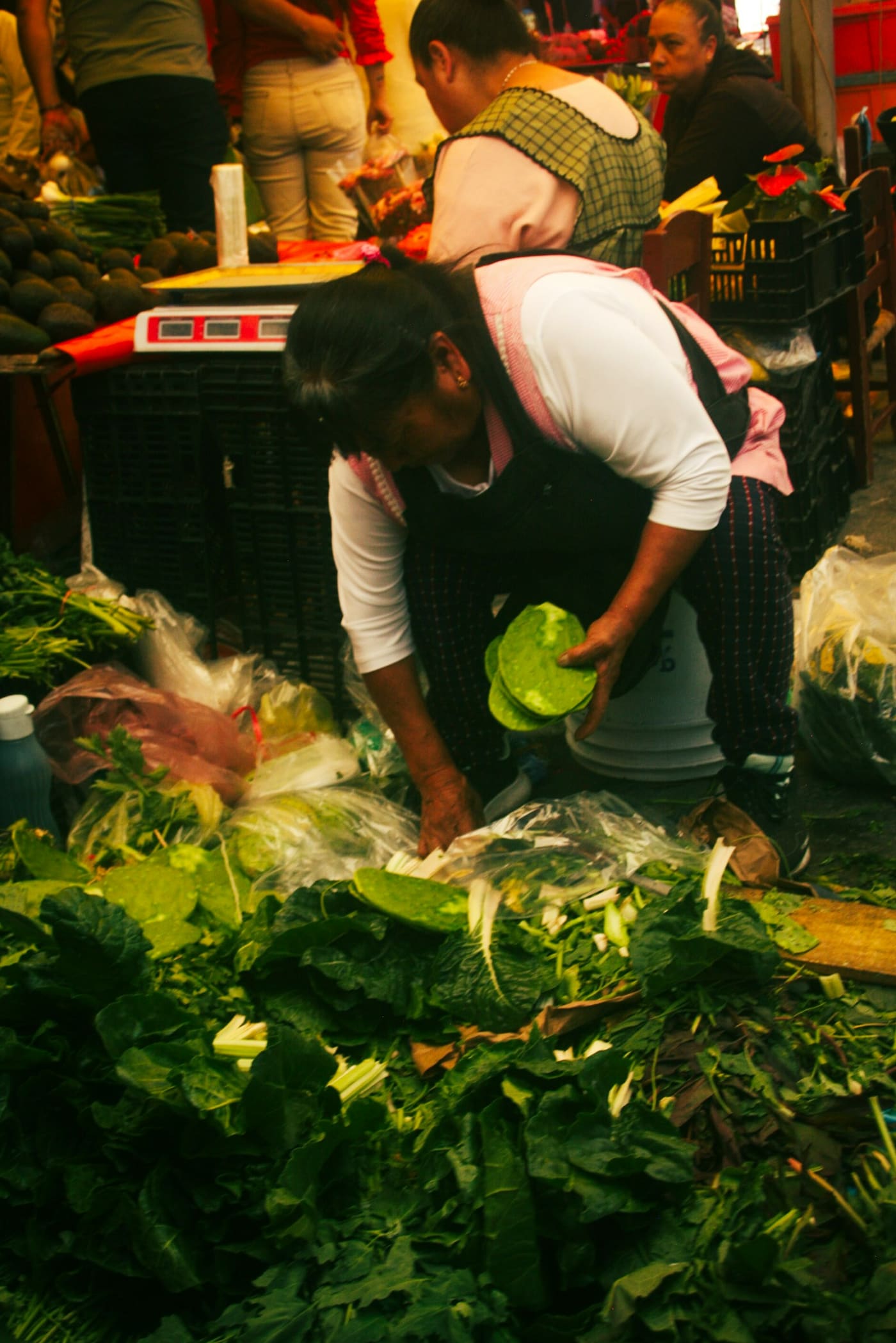 A vendor bending over crates of leafy green produce at a market stall.