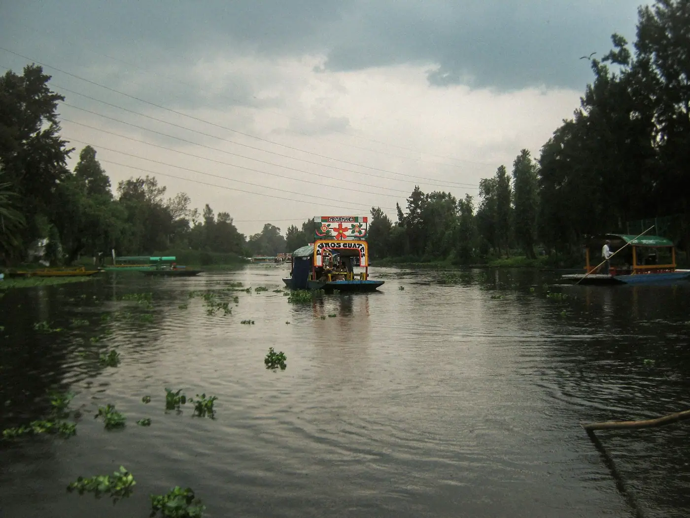 A boat traveling down a wide canal lined with trees.