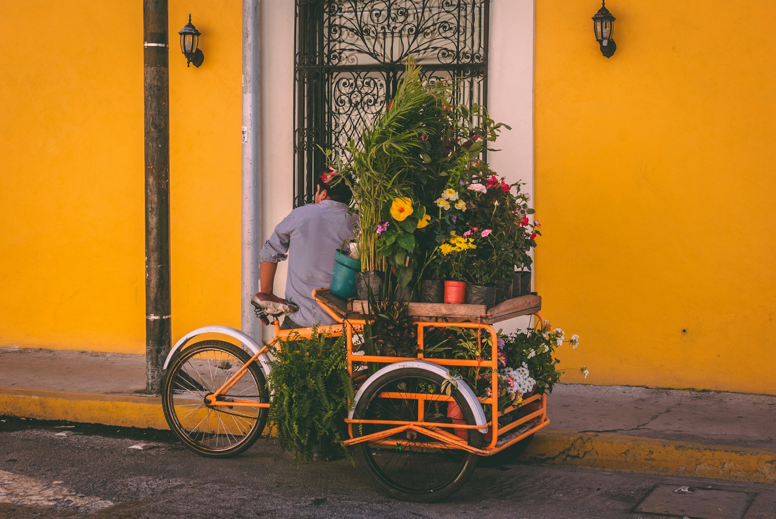 A flower vendor's tricycle cart loaded with blooms parked against a bright yellow wall in Mexico.