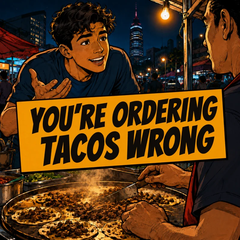 SURVIVE YOUR FIRST TACO ORDER — Tres tacos, con todo