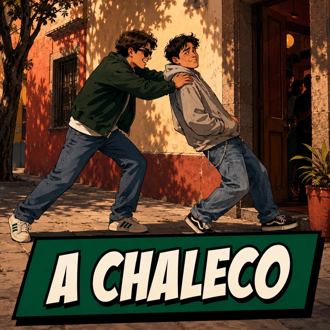 a chaleco - a young man shoving a reluctant friend along the street by the shoulders