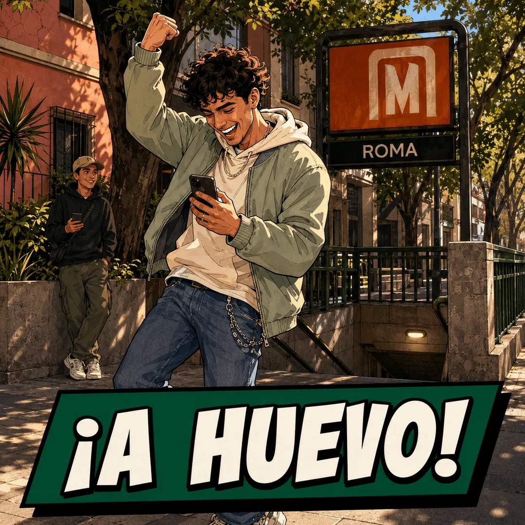 ¡a huevo! - a young man punching the air outside a metro entrance, phone in hand