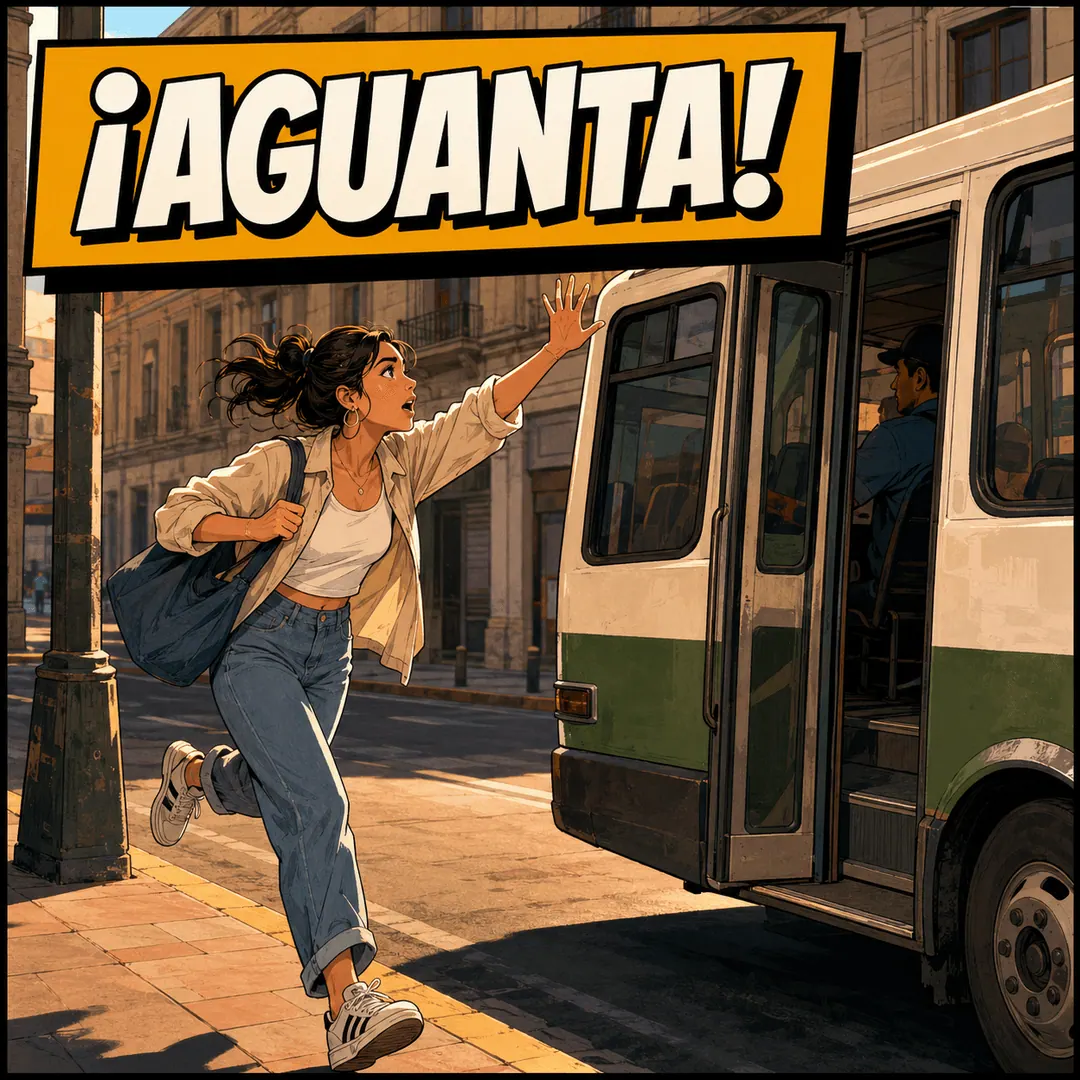 ¡aguanta! - a woman running after a departing microbus with her arm out