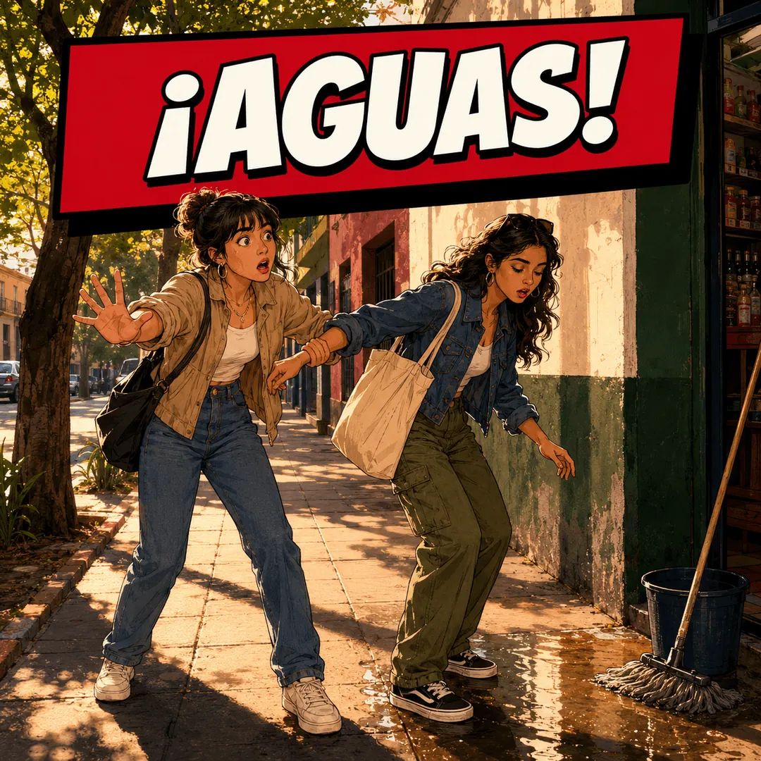 ¡aguas! - a woman throwing an arm across a friend to stop her walking into a wet floor