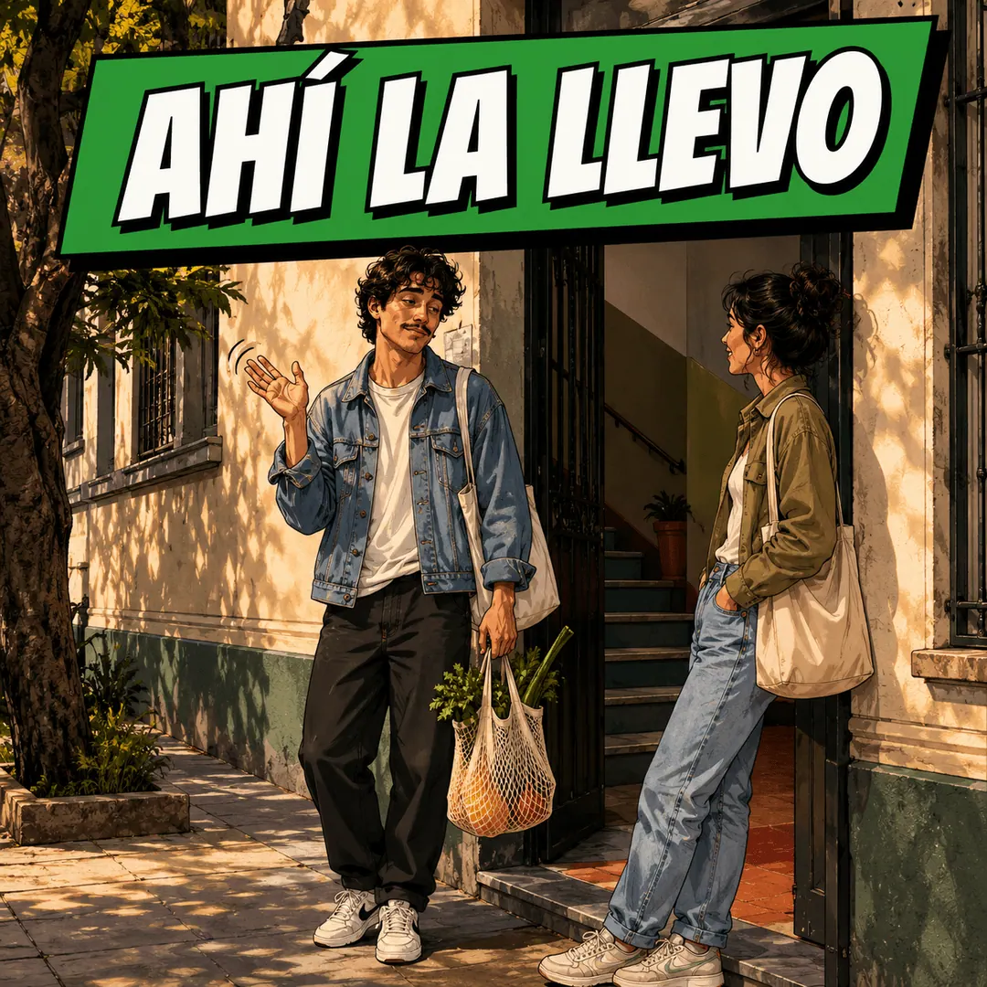 ahí la llevo - a young man carrying groceries stopping to answer a neighbor with a so-so wave
