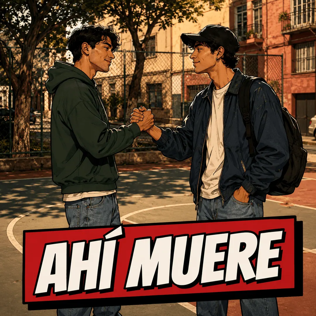 ahí muere - two young men clasping hands on a basketball court to let an argument drop