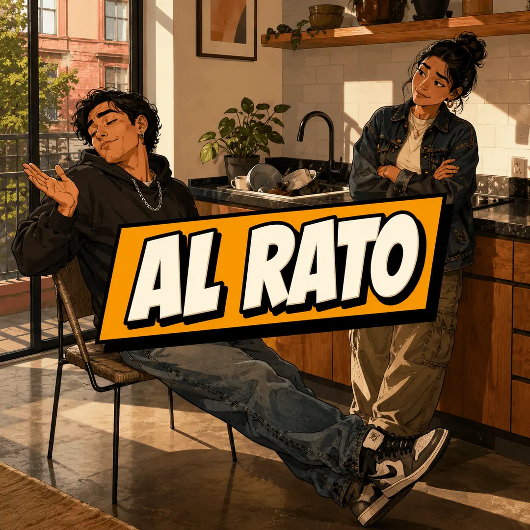 al rato - a young man sprawled on a kitchen chair waving off the woman standing over the sink