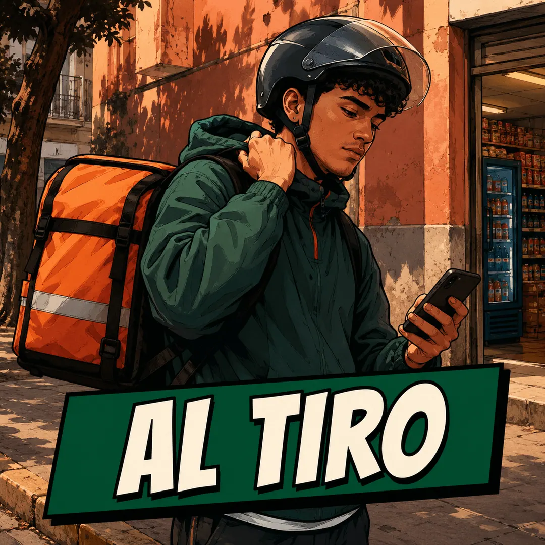 al tiro - a delivery rider outside a shop pulling his helmet on while checking his phone