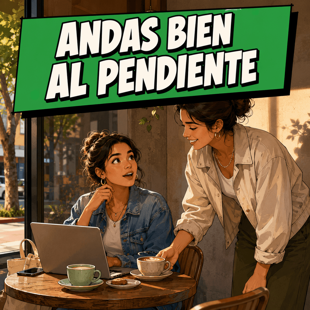 andas bien al pendiente - a woman setting a coffee down for a friend working at a cafe table