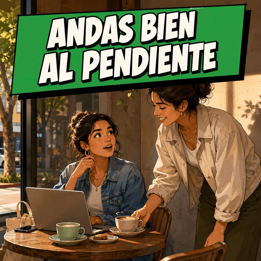andas bien al pendiente - a woman setting a coffee down for a friend working at a cafe table