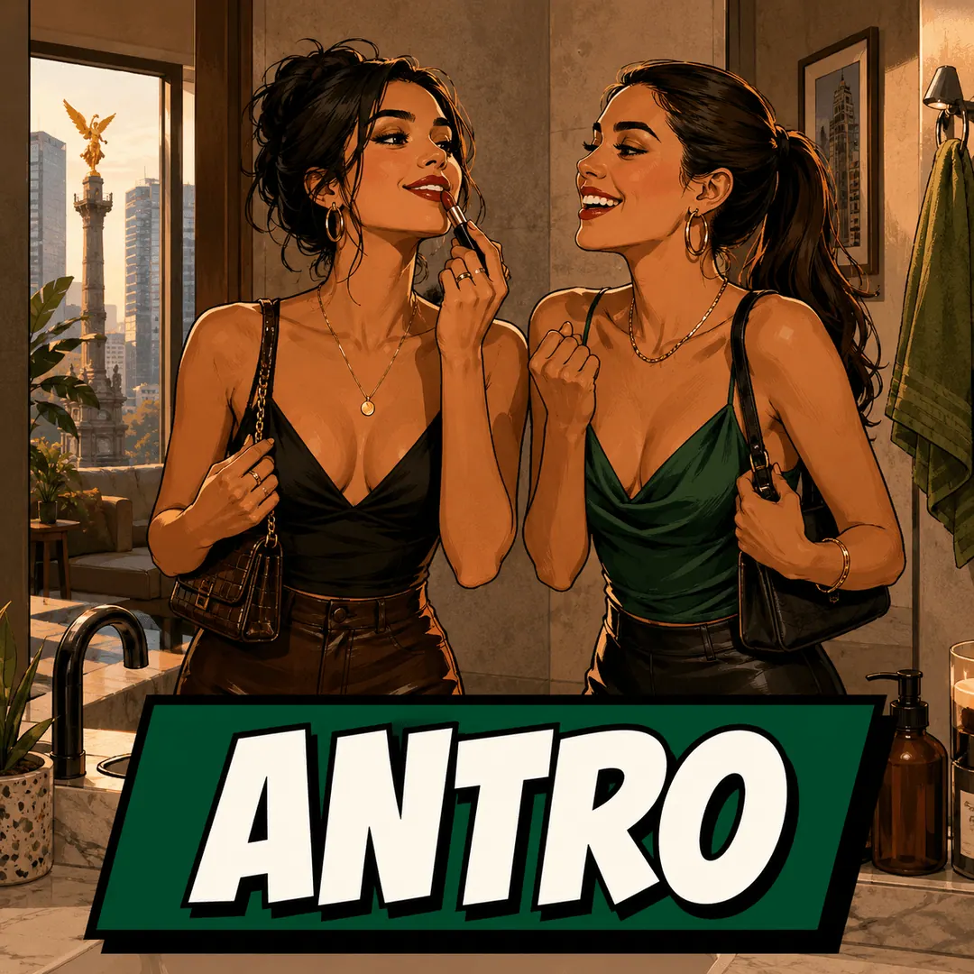 antro - two women in going-out clothes touching up their lipstick before a night out