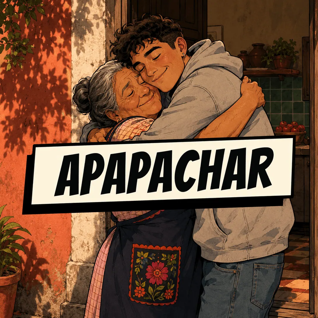 apapachar - a grandmother and her grandson holding each other in a long hug at the door