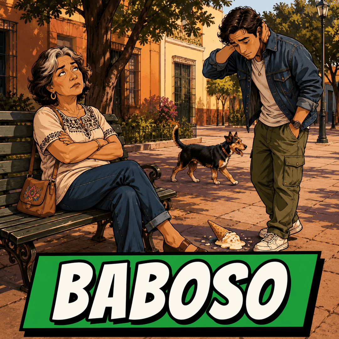 baboso - a young man walking into a lamppost while an older woman on a bench watches