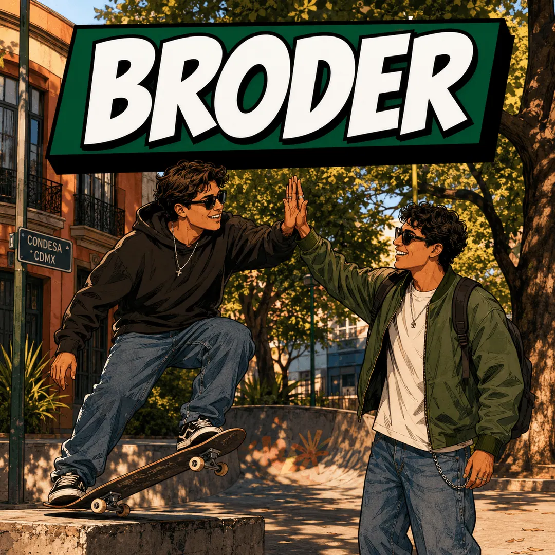 broder - two friends high-fiving over a skateboard on a Condesa corner