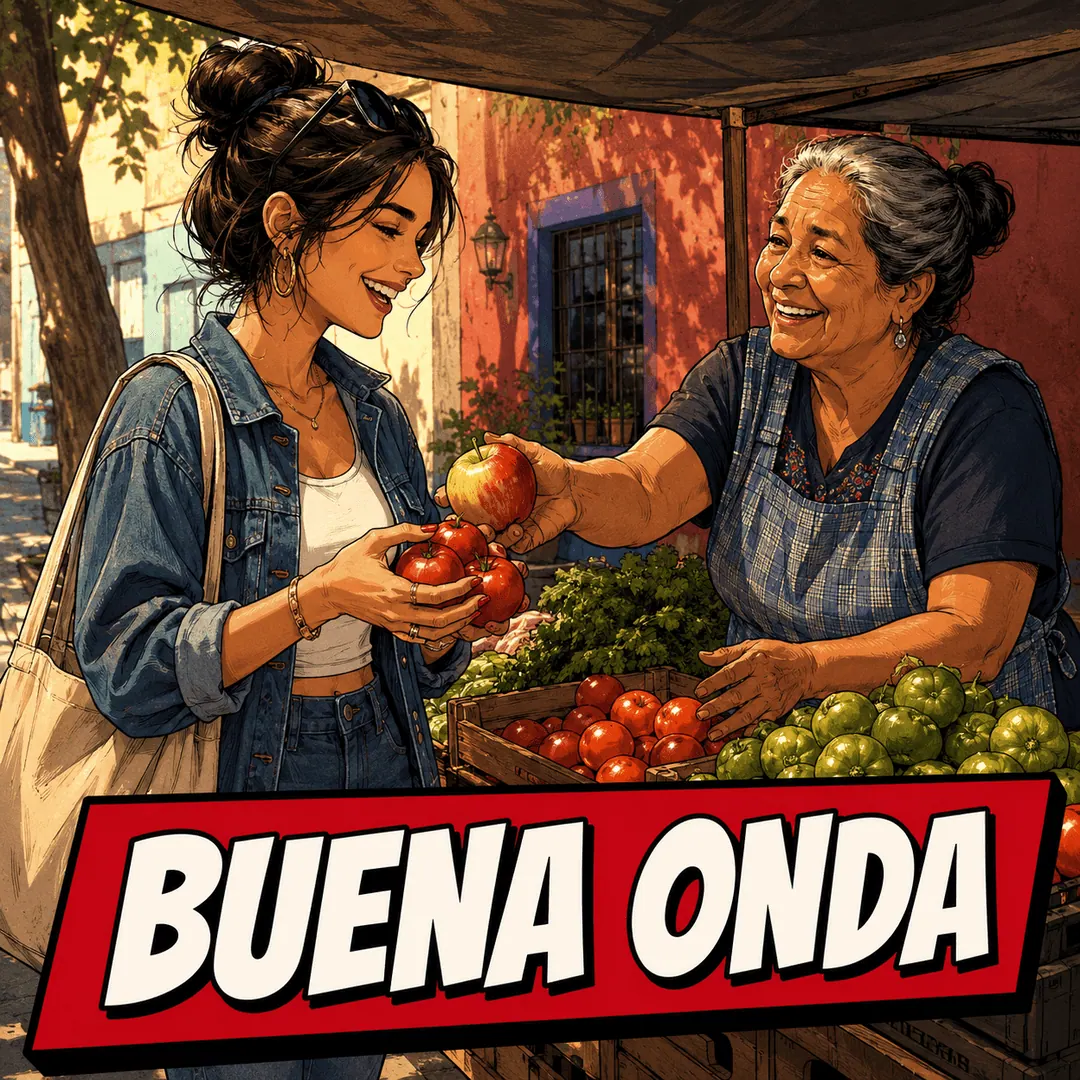 buena onda - a market vendor pressing extra tomatoes into a young woman's hands