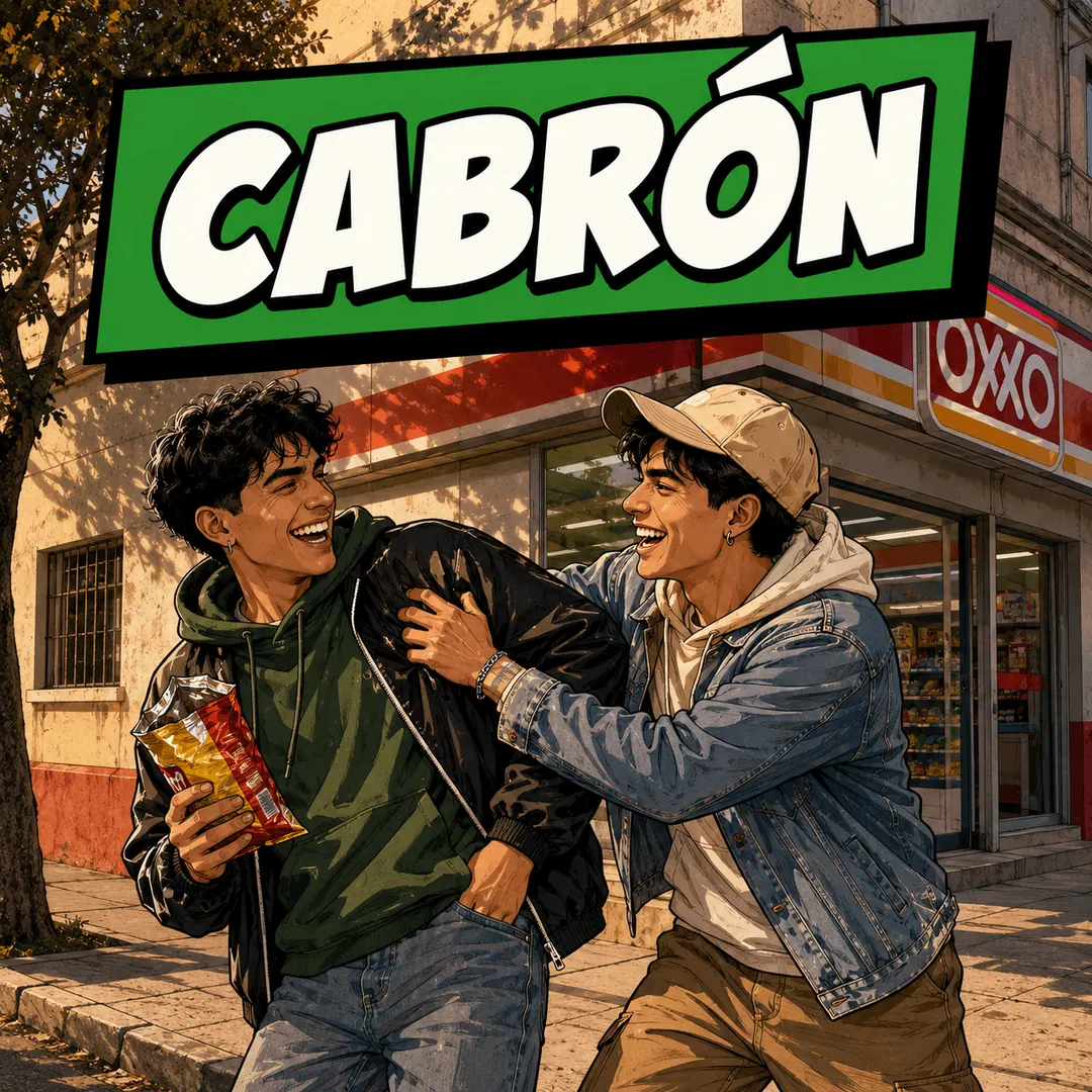 cabrón - two friends shoving each other around laughing outside an Oxxo