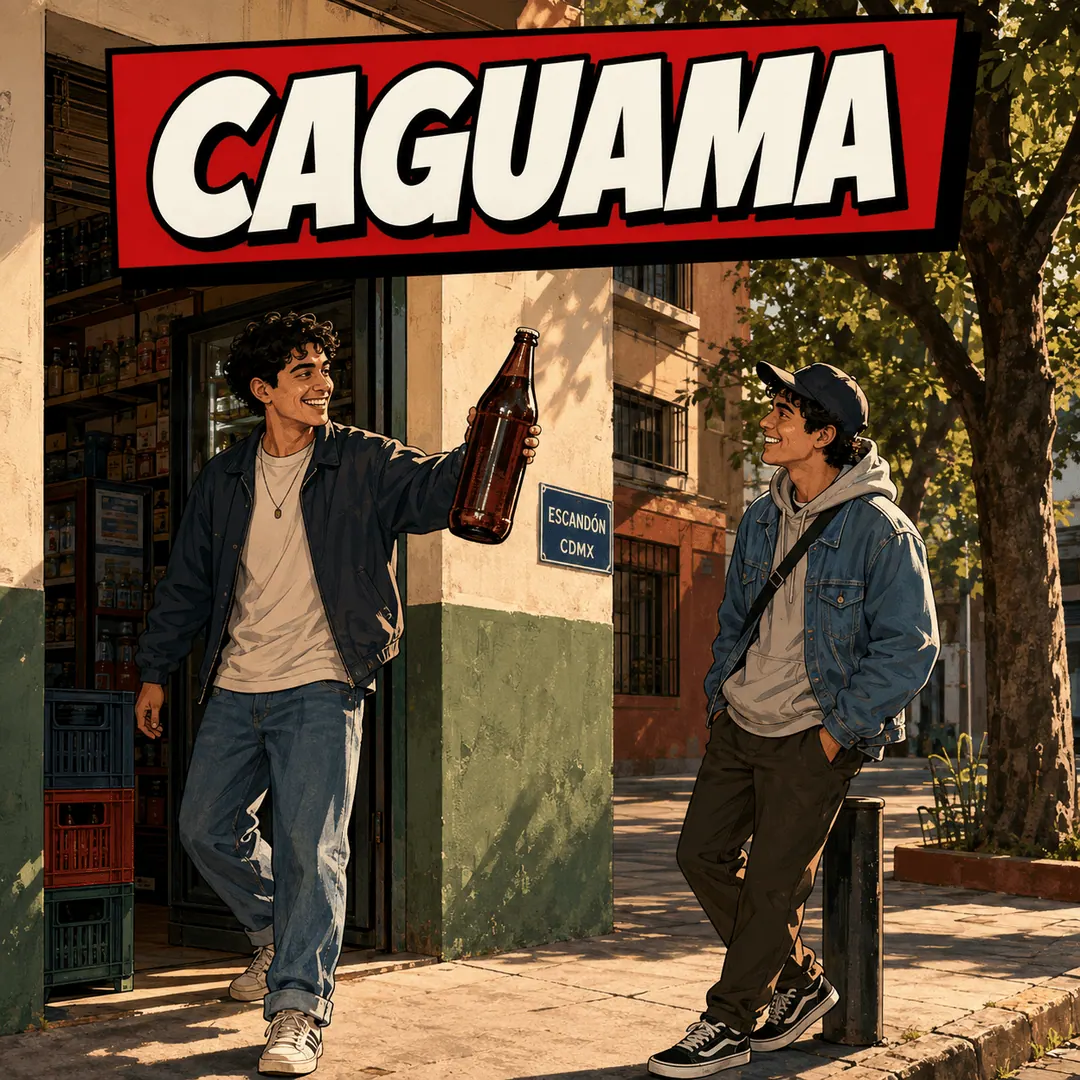 caguama - a young man walking out of a shop holding up a litre bottle of beer to a friend