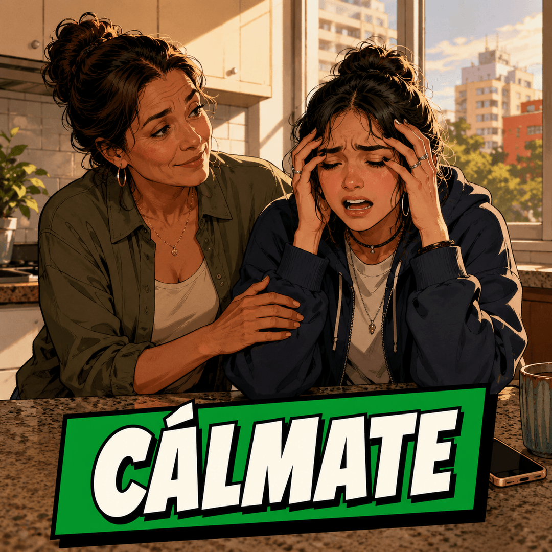 cálmate - a woman with her head in her hands at a table while a friend puts a hand on her arm