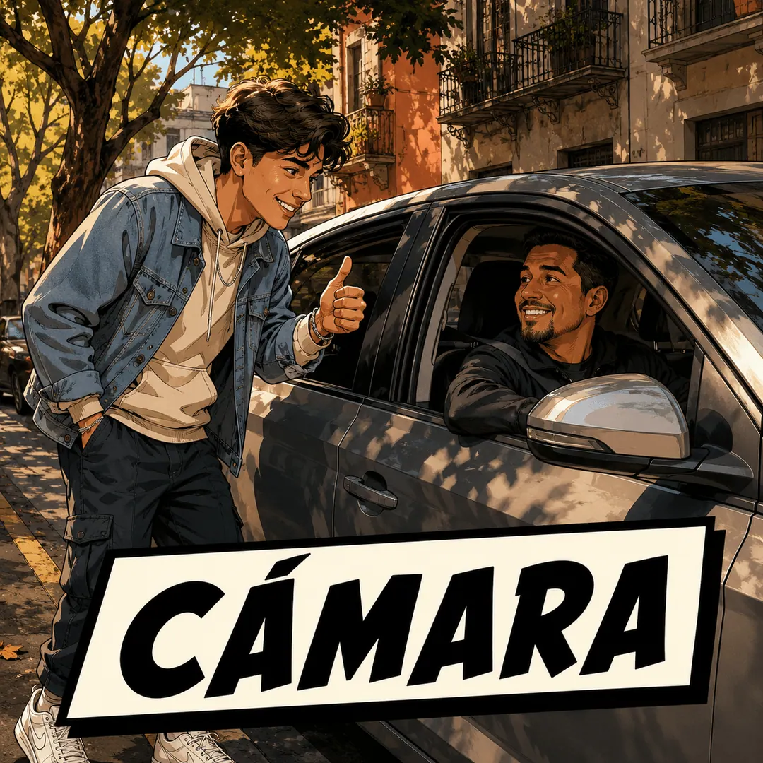 cámara - a young man giving a thumbs up to a driver through a car window