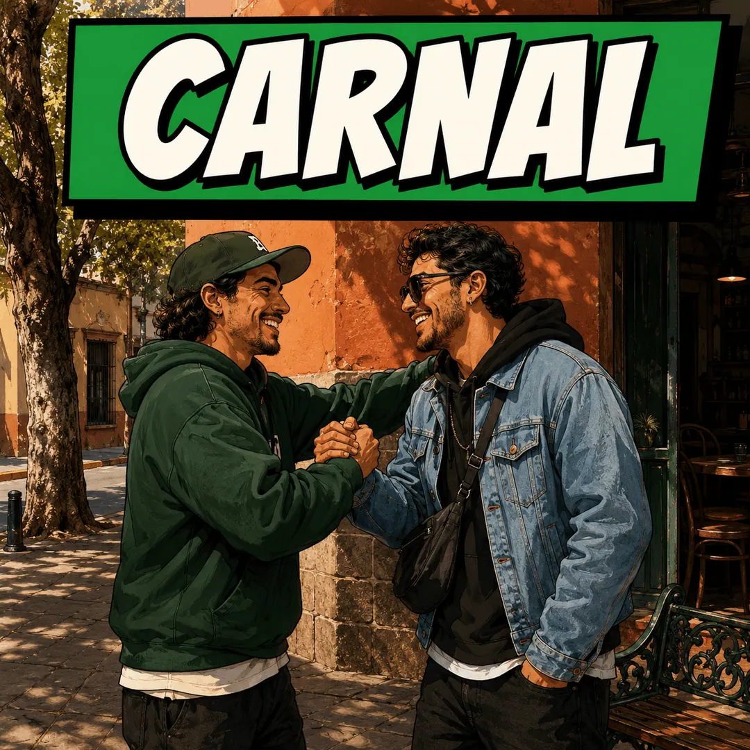 carnal - two friends gripping hands and pulling into a shoulder bump on the street