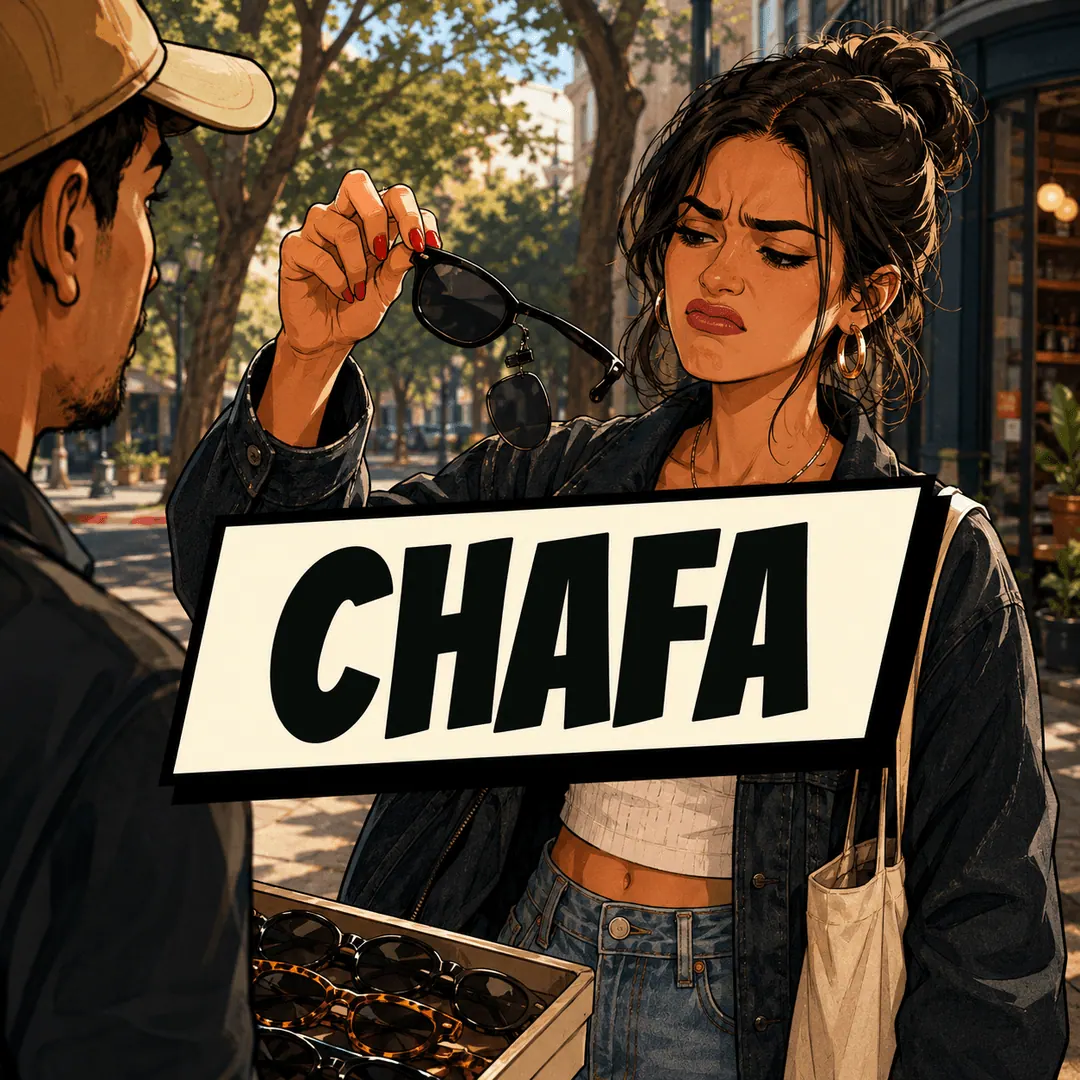 chafa - a woman holding up a pair of sunglasses with a snapped arm at a street stall