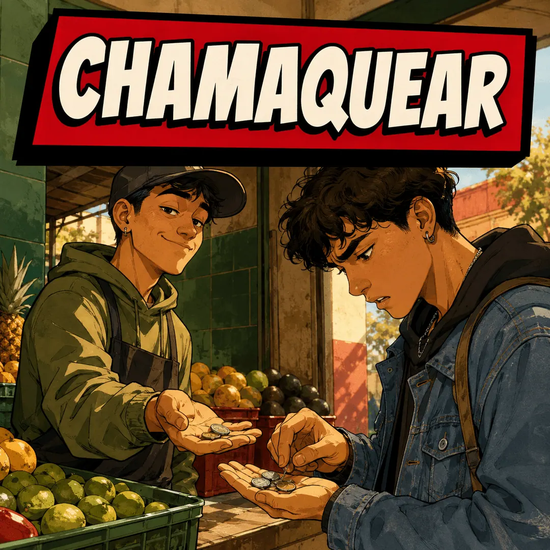 chamaquear - a market vendor counting change back into a young man's hand while he frowns at it