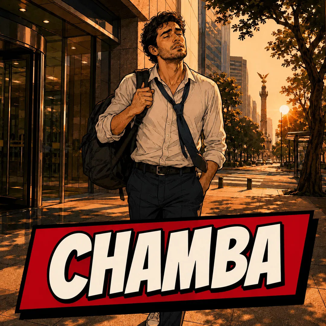 chamba - a man walking out of an office tower at sunset with his tie loose and his bag over his shoulder