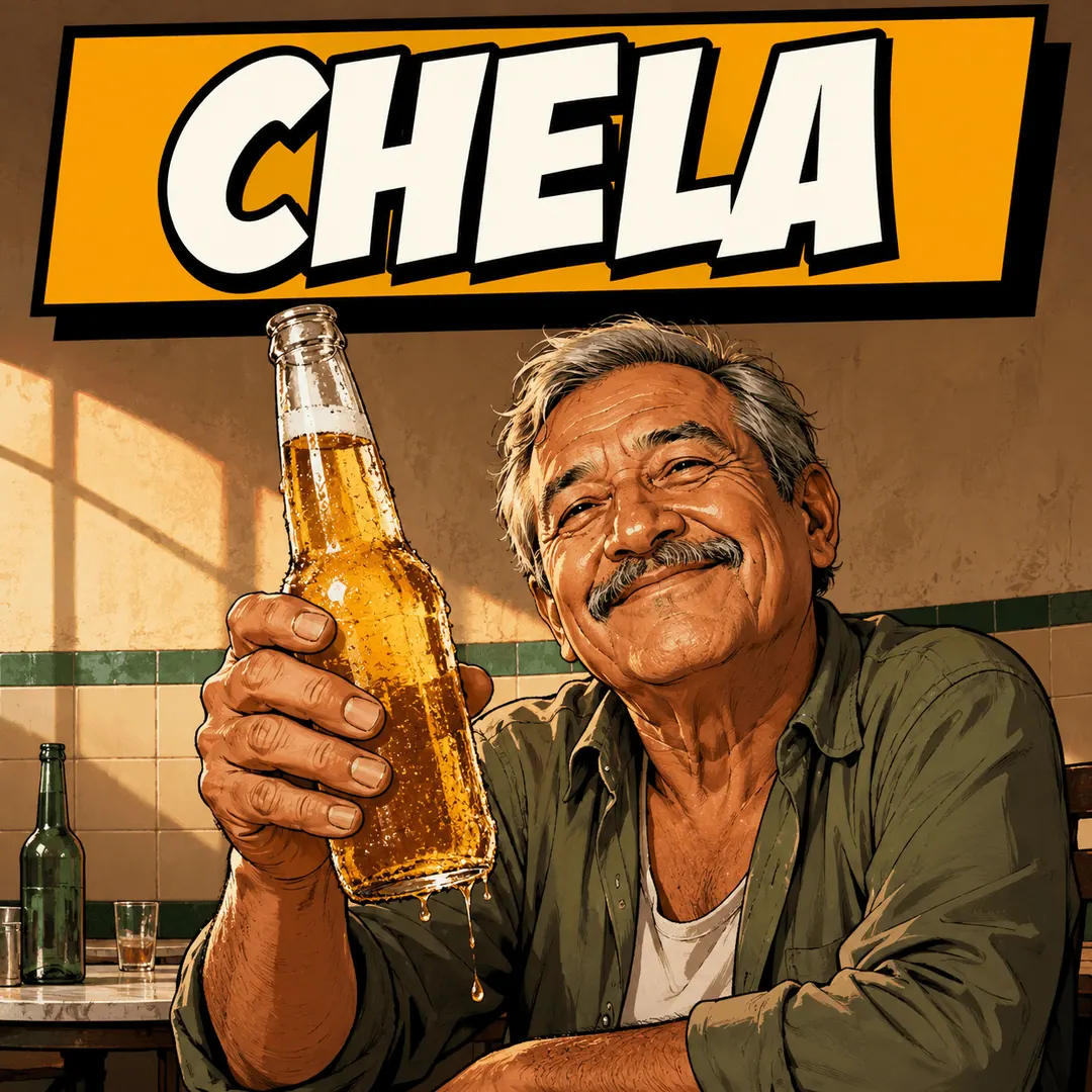 chela - an older man raising a cold bottle of beer at the camera with a grin