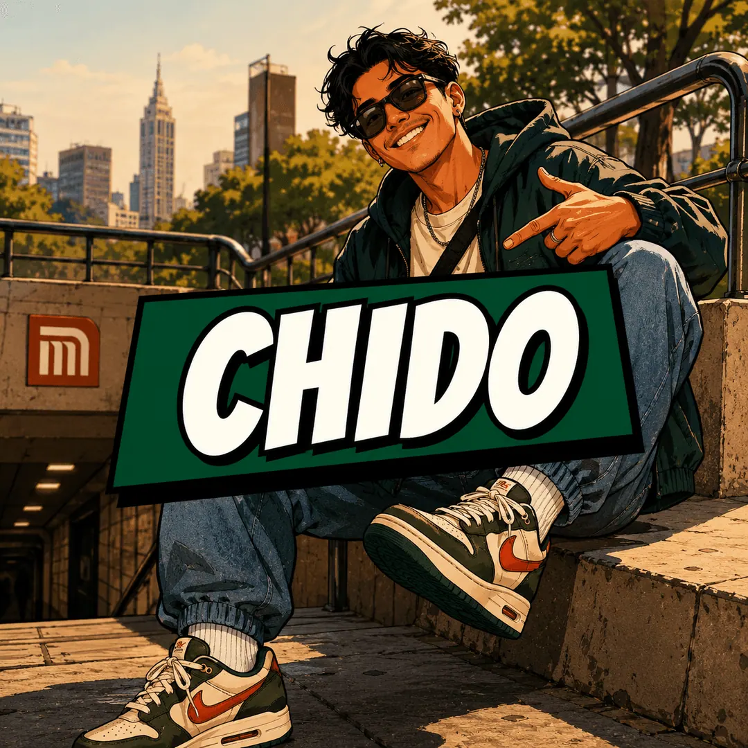 chido - a young man in sunglasses sitting on a wall pointing down at his sneakers