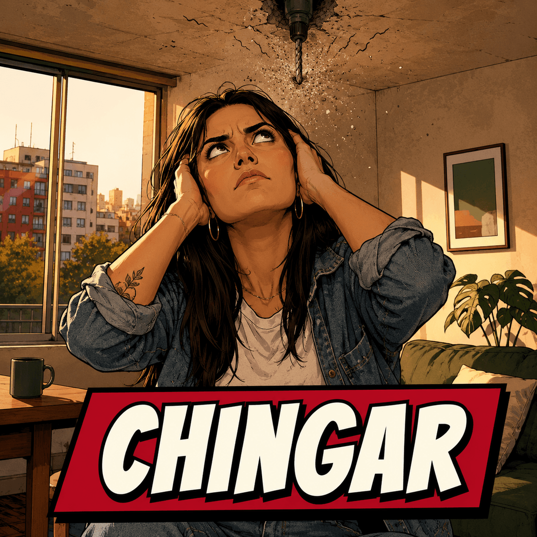 chingar - a woman rolling her eyes and covering her ears at the drilling coming through the ceiling