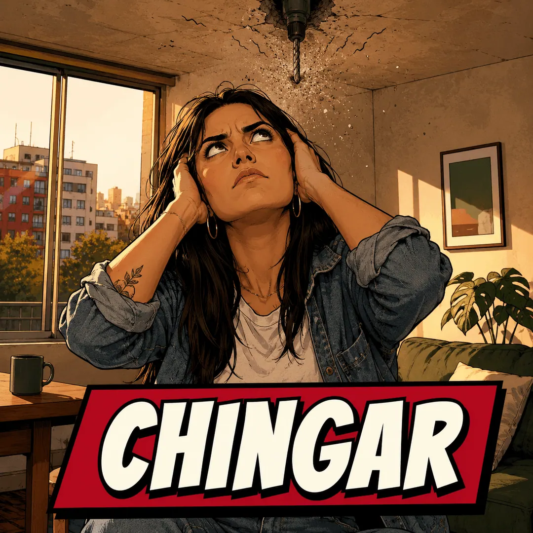 chingar - a woman rolling her eyes and covering her ears at the drilling coming through the ceiling