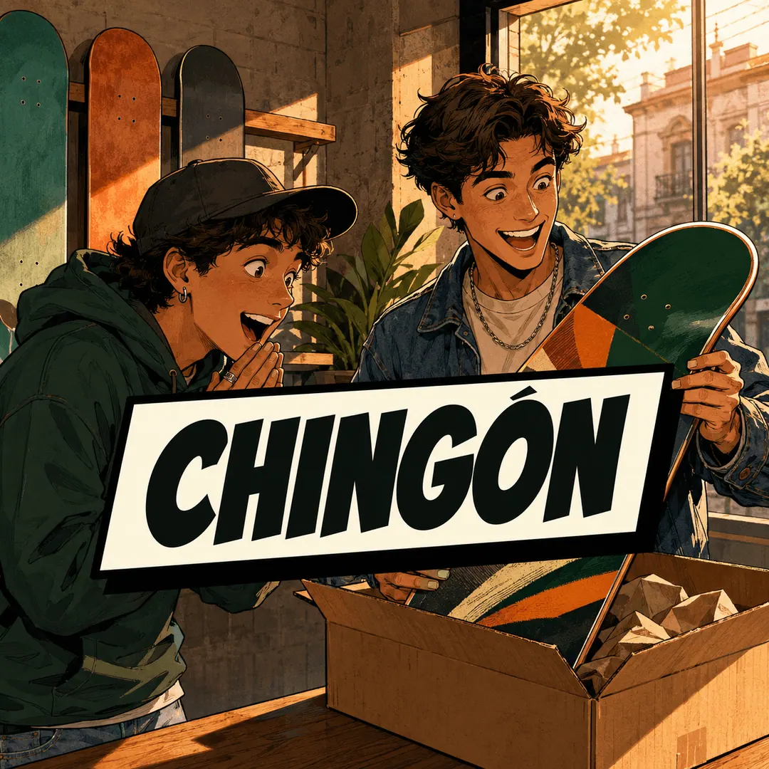 chingón - two friends pulling a new skateboard out of a box, both delighted