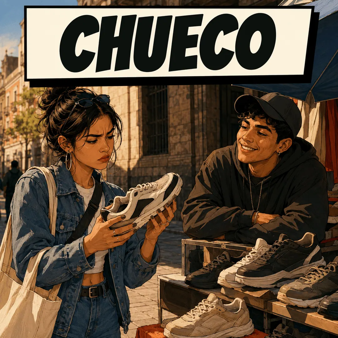 chueco - a woman frowning at a suspiciously cheap pair of sneakers at a street stall