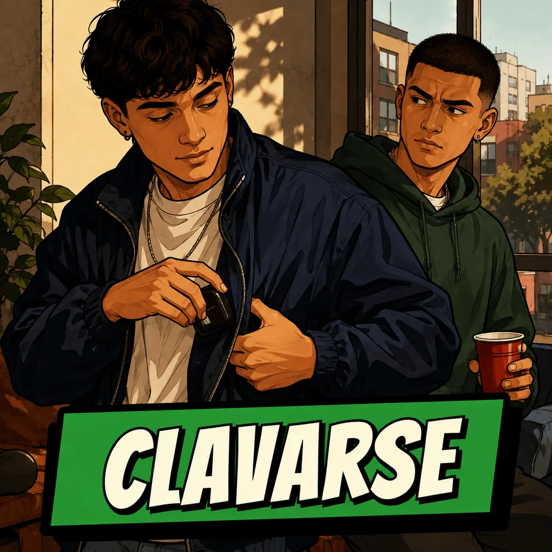 clavarse - a young man quietly pocketing a lighter at a party while another man watches