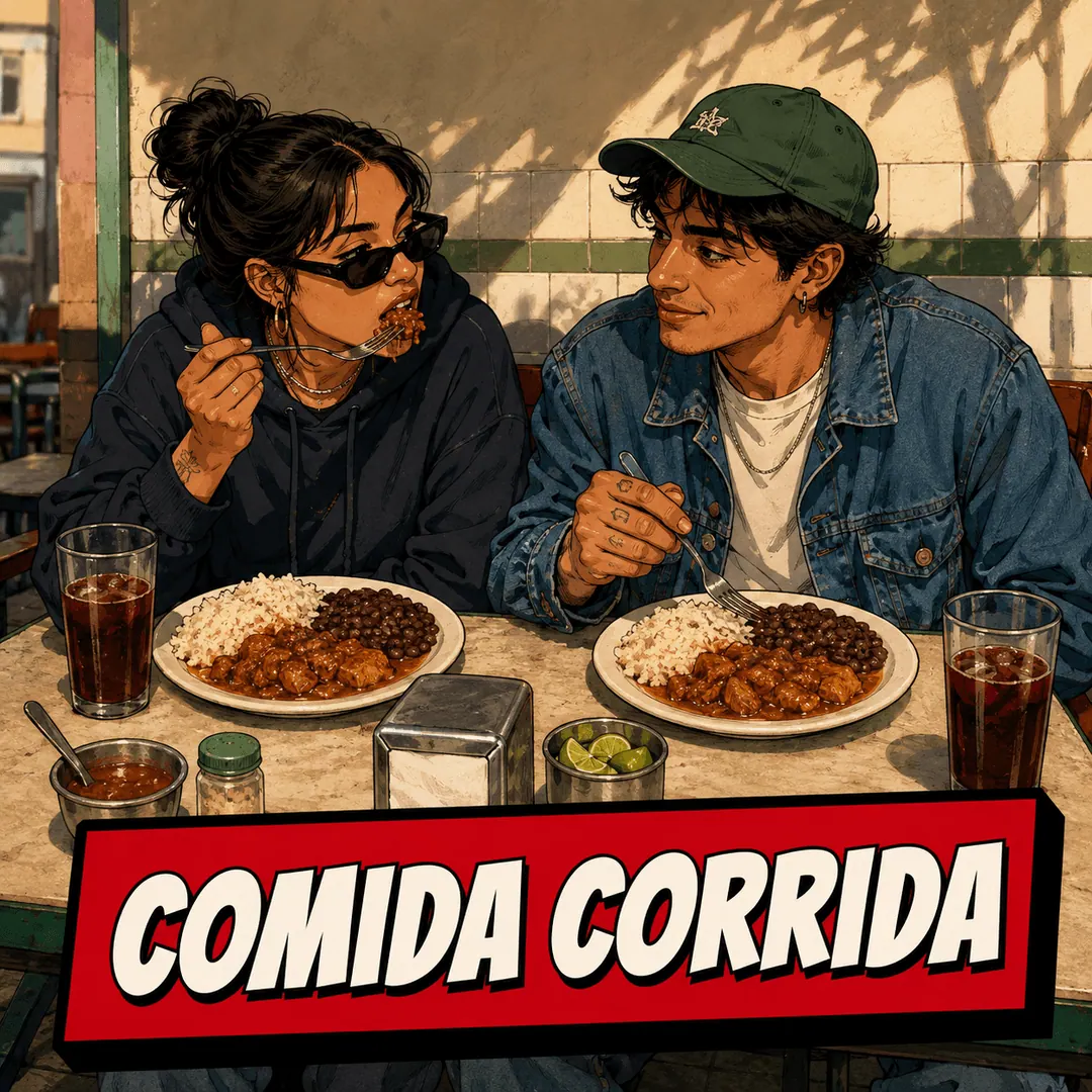comida corrida - two people working through plates of rice and stew at a fonda table