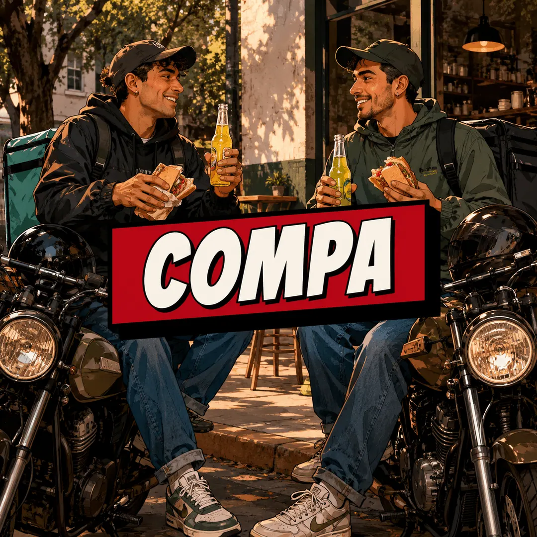 compa - two delivery riders sitting on their bikes sharing tortas and sodas