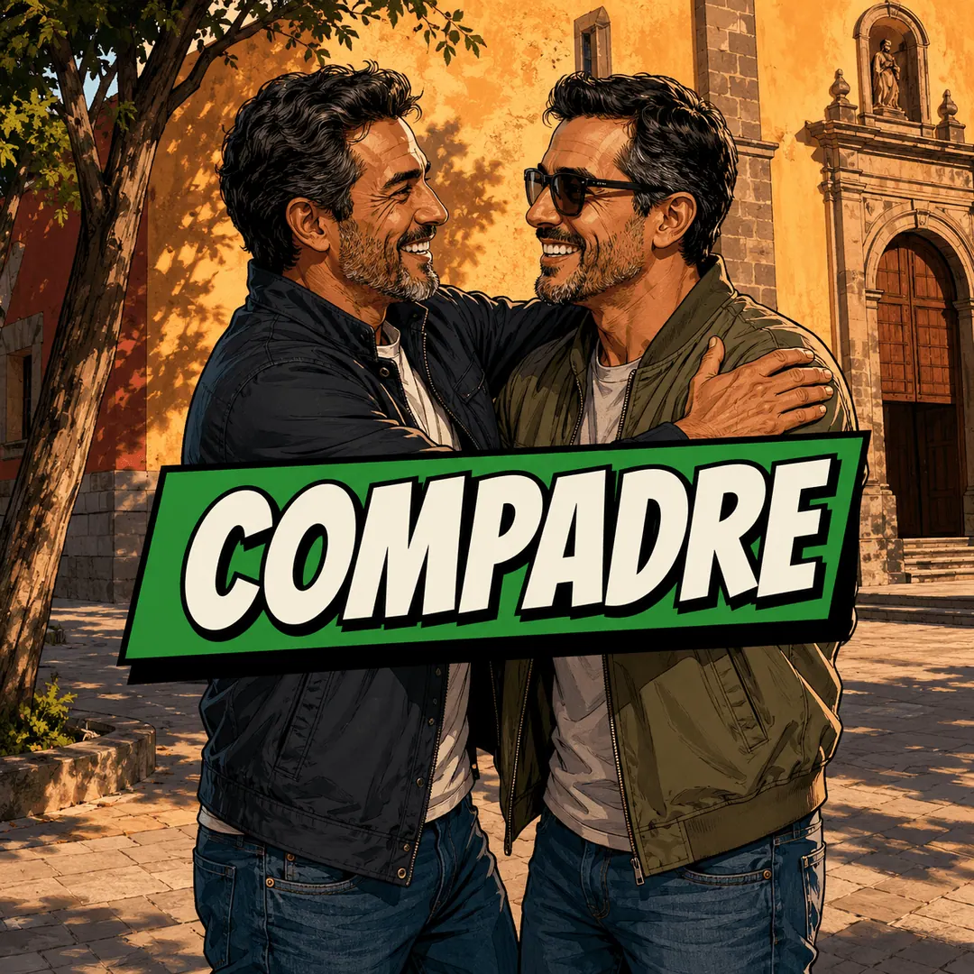 compadre - two older men walking arm over shoulder past a church