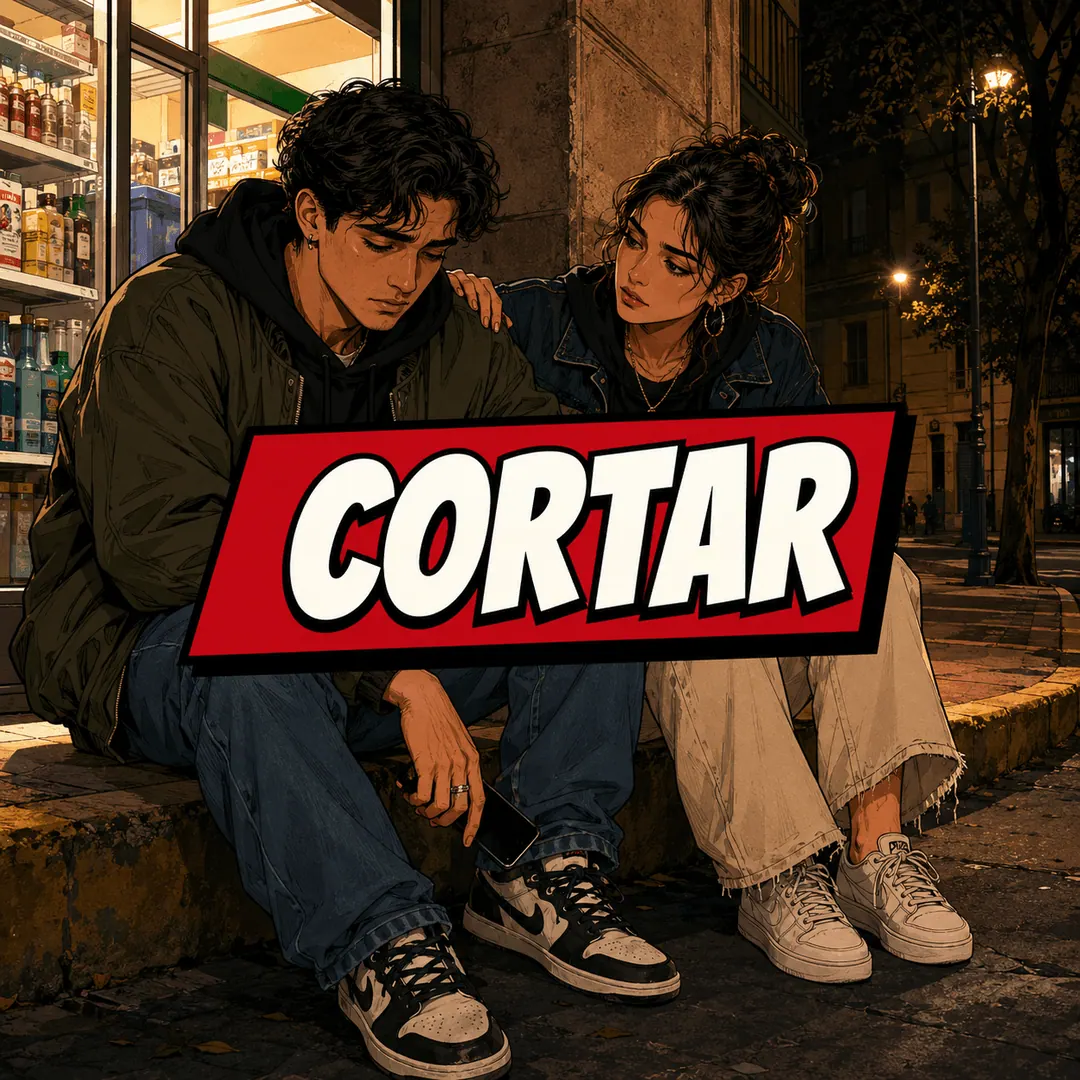 cortar - a couple sitting apart on a curb at night, one hand still on the other's shoulder