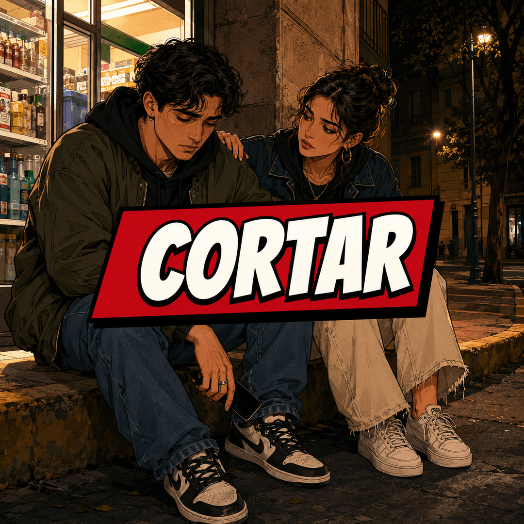 cortar - a couple sitting apart on a curb at night, one hand still on the other's shoulder